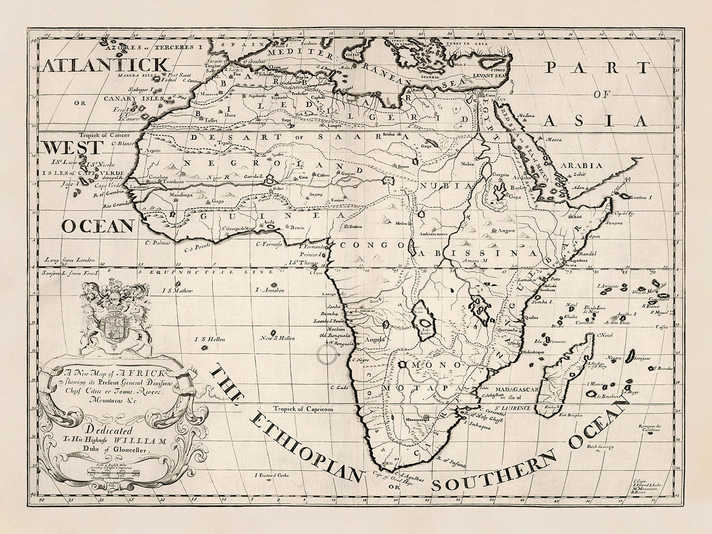 Ancienne carte de l'Afrique en 1700 par Edward Wells - Égypte, îles Canaries, Négroland, Sahara, Madagascar, Guinée, Congo