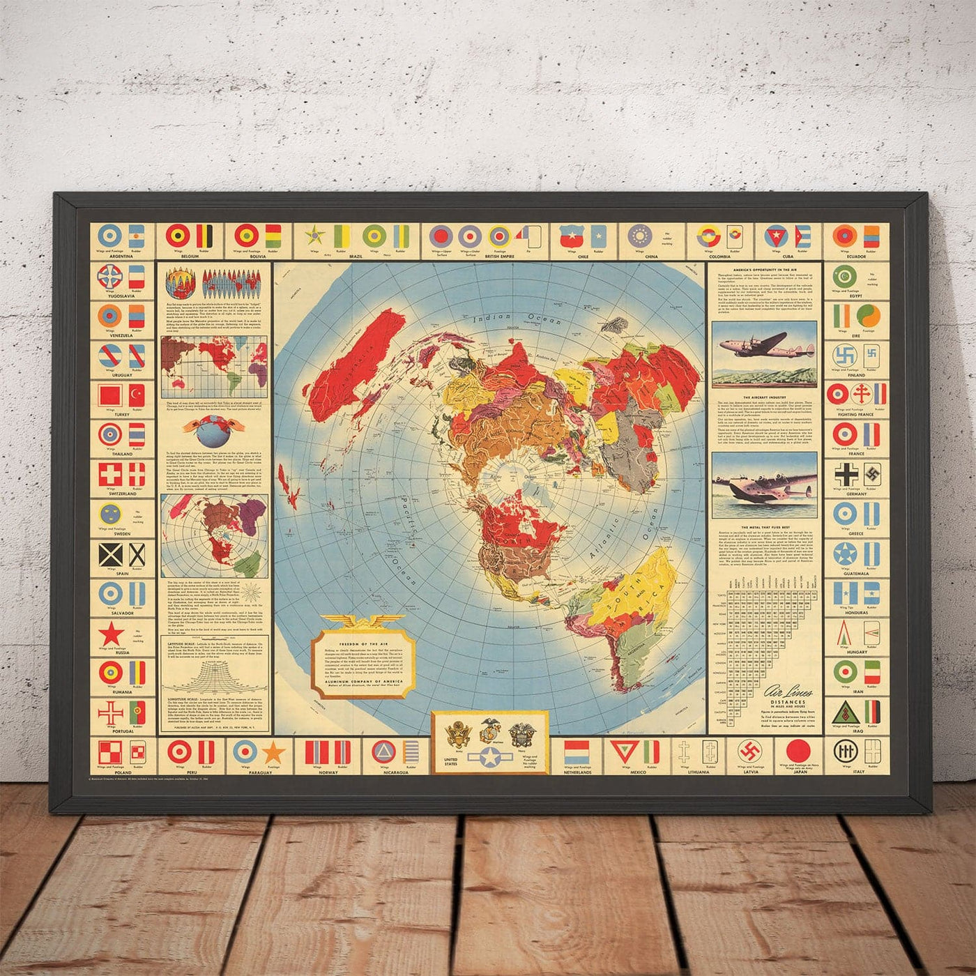 Mapa del mundo de la Fuerza Aérea Old, 1943 - Emblema, Insignia, Tabla de redondea - Aeronaves y Historia de Aviación