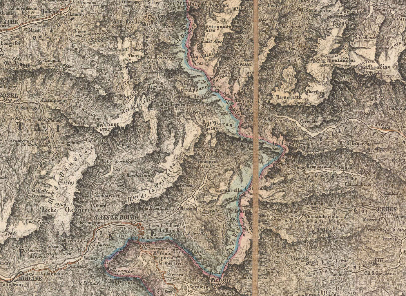 Ancienne carte des Alpes en 1874 par Johann Mayr - Cervin, Mont Blanc, Genève, Rhône, Lausanne, Grenoble, Sierre