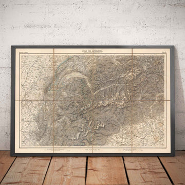 Antiguo mapa de los Alpes en 1874 por Johann Mayr - Cervino, Mont Blanc, Ginebra, Ródano, Lausana, Grenoble, Sierre