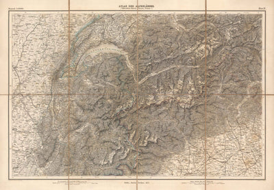 Alte Alpenkarte von Johann Mayr aus dem Jahr 1874 - Matterhorn, Mont Blanc, Genf, Rhone, Lausanne, Grenoble, Sierre