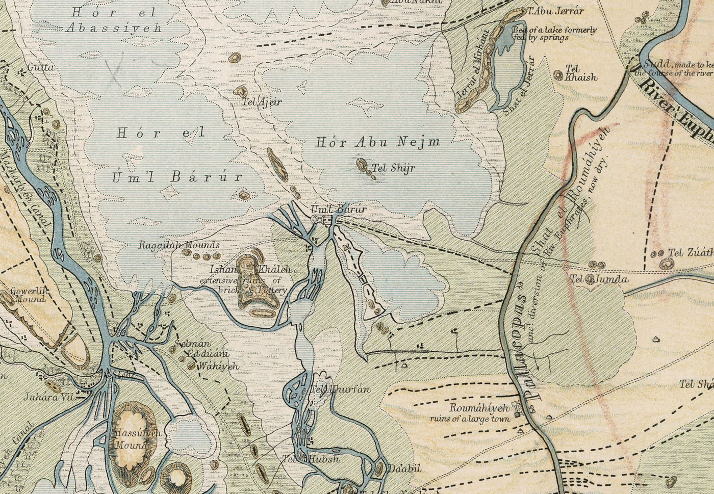Antiguo mapa de la antigua ciudad de Babilonia en 1874 por William Smith - Iraq, Imperio Babilónico, Río Éufrates, Hillah