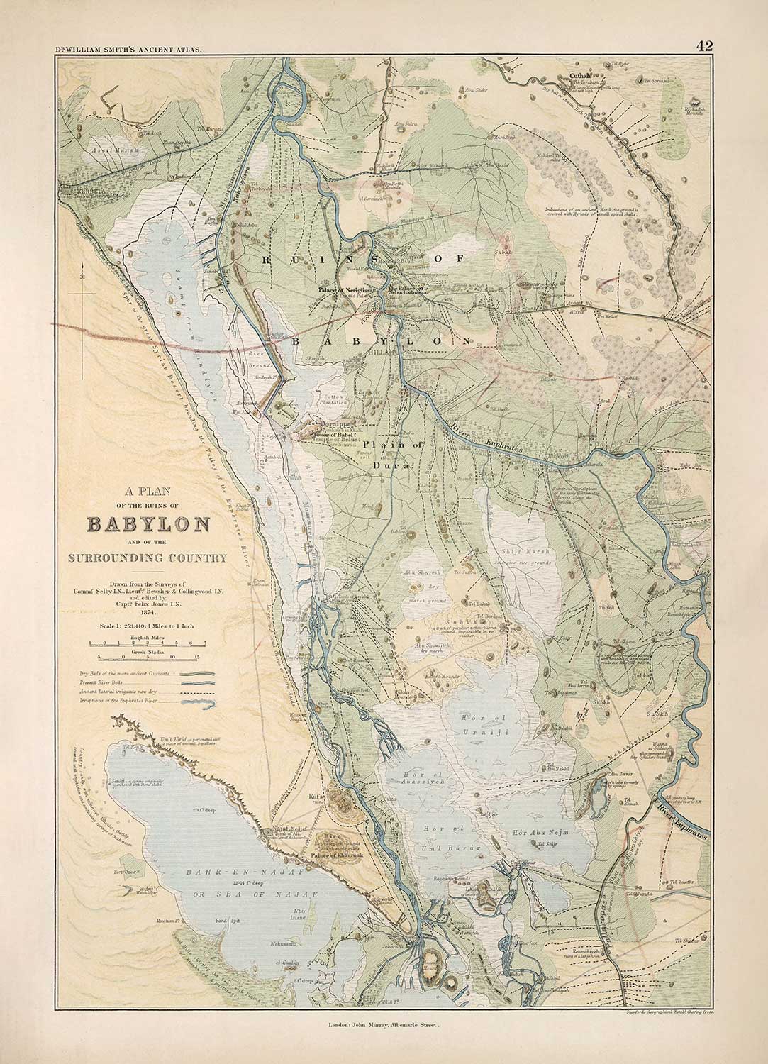Ancienne carte de l'ancienne ville de Babylone en 1874 par William Smith - Irak, Empire babylonien, fleuve Euphrate, Hillah