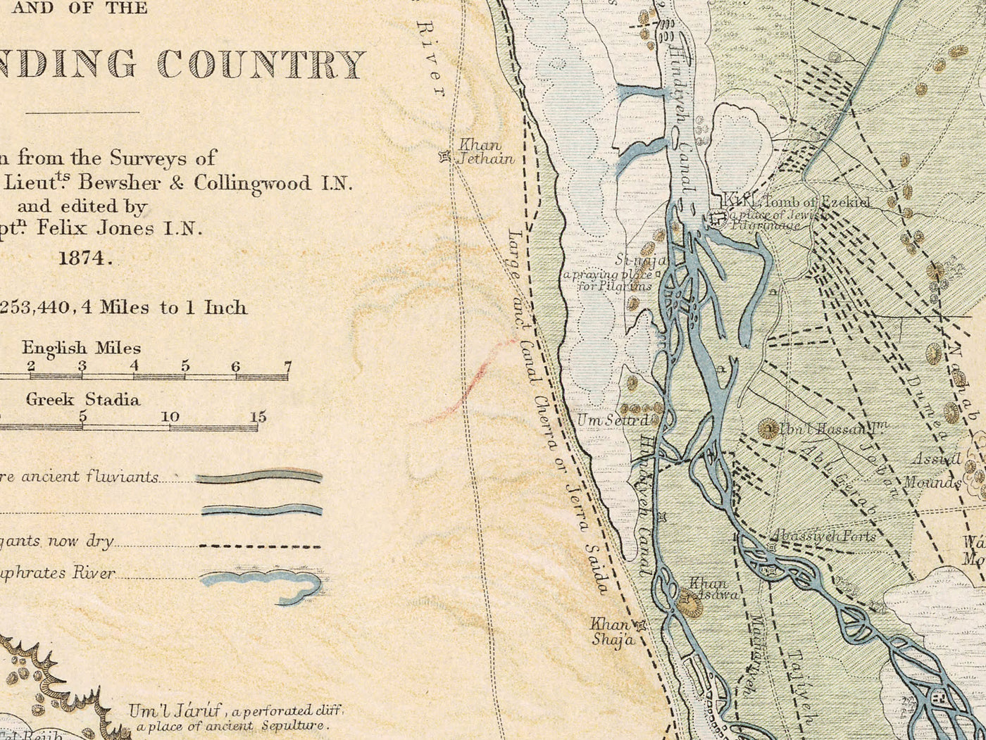 Antiguo mapa de la antigua ciudad de Babilonia en 1874 por William Smith - Iraq, Imperio Babilónico, Río Éufrates, Hillah