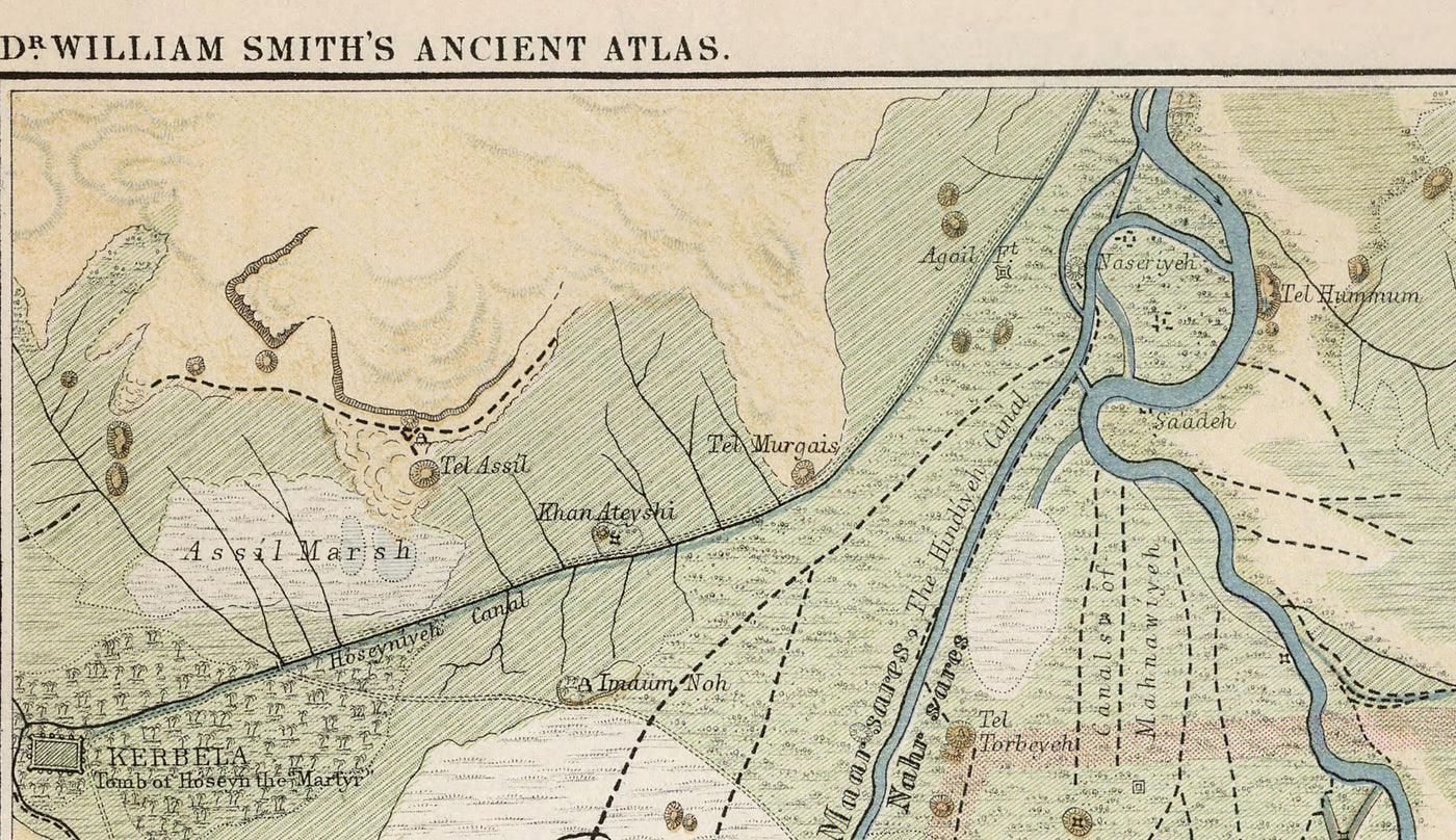 Ancienne carte de l'ancienne ville de Babylone en 1874 par William Smith - Irak, Empire babylonien, fleuve Euphrate, Hillah