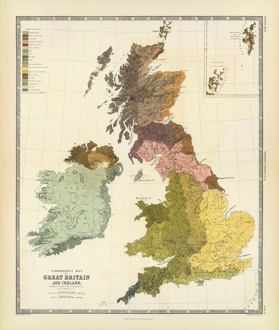 Mappa Antica della Gran Bretagna, 1856 - Galles, Erse, Irlanda Gaelica, Pitti, Tribù Celtiche dell&