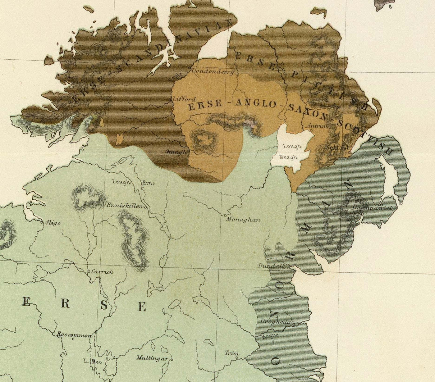 Ancienne carte de l'ancienne Grande-Bretagne, 1856 - Pays de Galles, Erse, Irlande gaélique, Pictes, Tribus celtiques de l'âge du fer, Silures