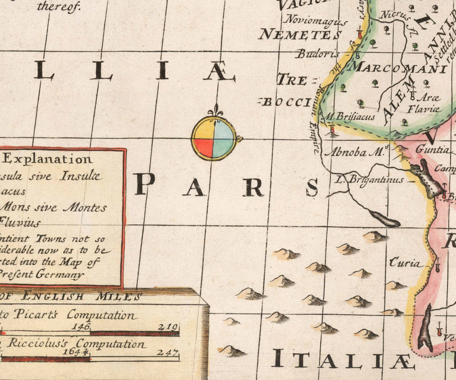 Mappa Antica della Germania, 1712 - Germania, Tribù Germaniche, Norico, Rezia, Austria, Svizzera, Polonia, Danimarca 