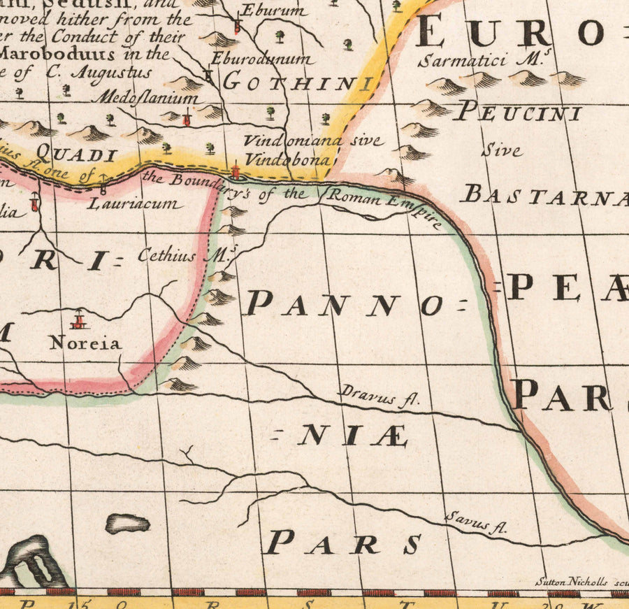 Mappa Antica della Germania, 1712 - Germania, Tribù Germaniche, Norico, Rezia, Austria, Svizzera, Polonia, Danimarca 