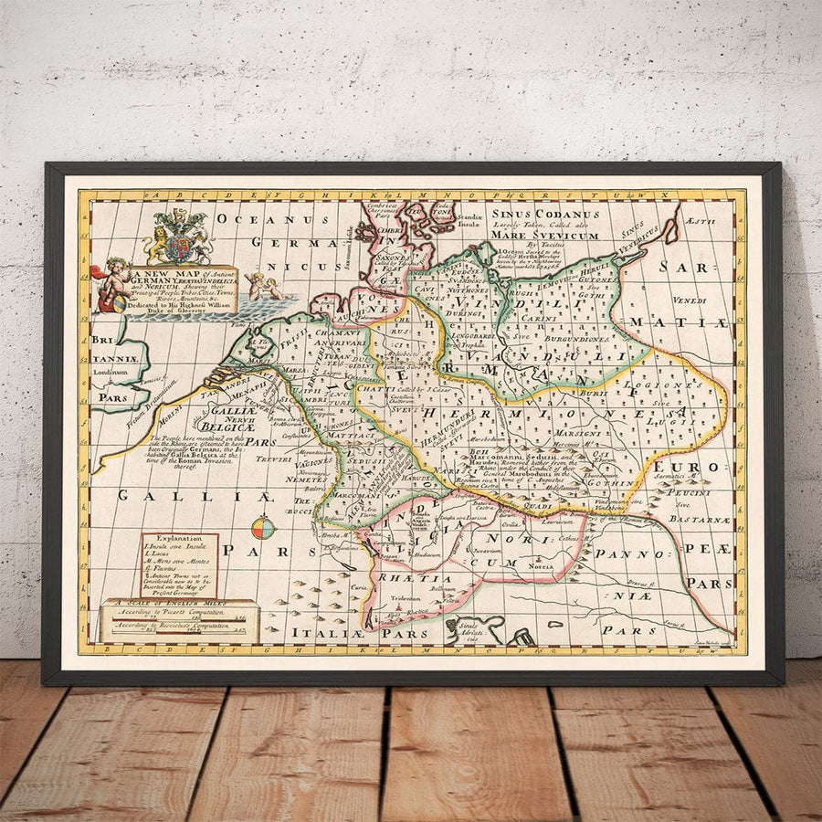 Mappa Antica della Germania, 1712 - Germania, Tribù Germaniche, Norico, Rezia, Austria, Svizzera, Polonia, Danimarca 