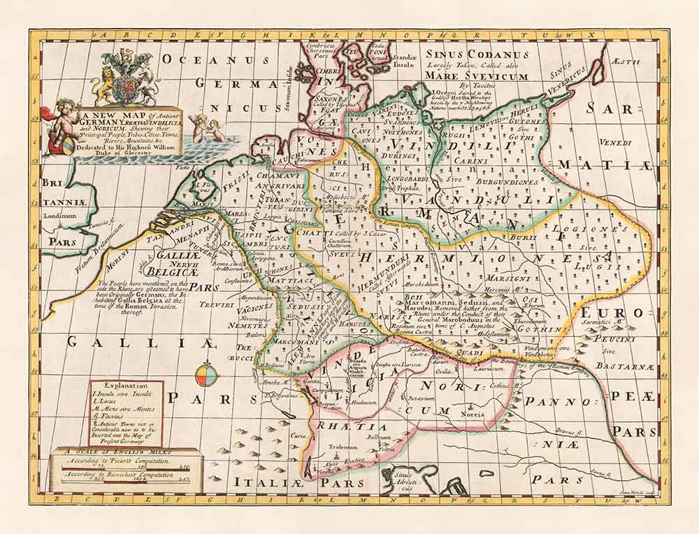 Mapa antiguo de la antigua Alemania, 1712 - Germania, Tribus Germánicas, Noricum, Raetia, Austria, Suiza, Polonia, Dinamarca