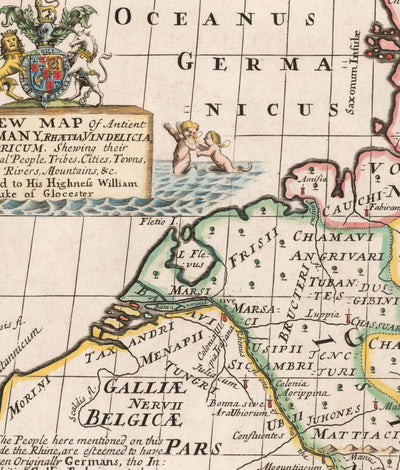 Mapa antiguo de la antigua Alemania, 1712 - Germania, Tribus Germánicas, Noricum, Raetia, Austria, Suiza, Polonia, Dinamarca