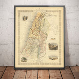 Ancienne carte de la Palestine antique en 1851 - Terre Sainte, Canaan, Jérusalem, Judée, Samarie, Galilée, Israël, Cisjordanie, Gaza