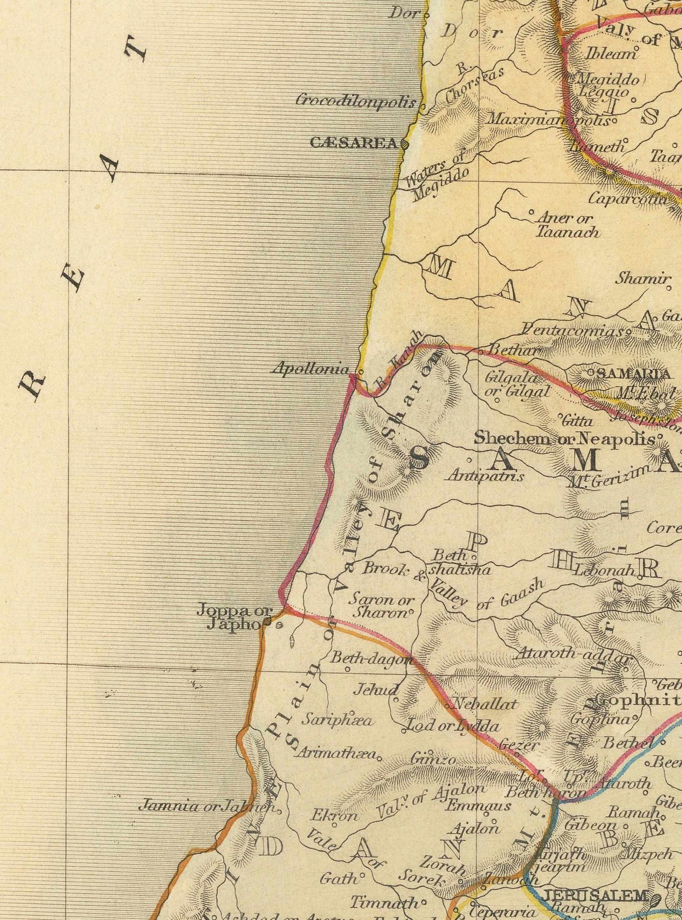 Alte Karte des alten Palästinas im Jahr 1851 - Heiliges Land, Kanaan, Jerusalem, Judea, Samaria, Galiläa, Israel, West-Bank, Gaza