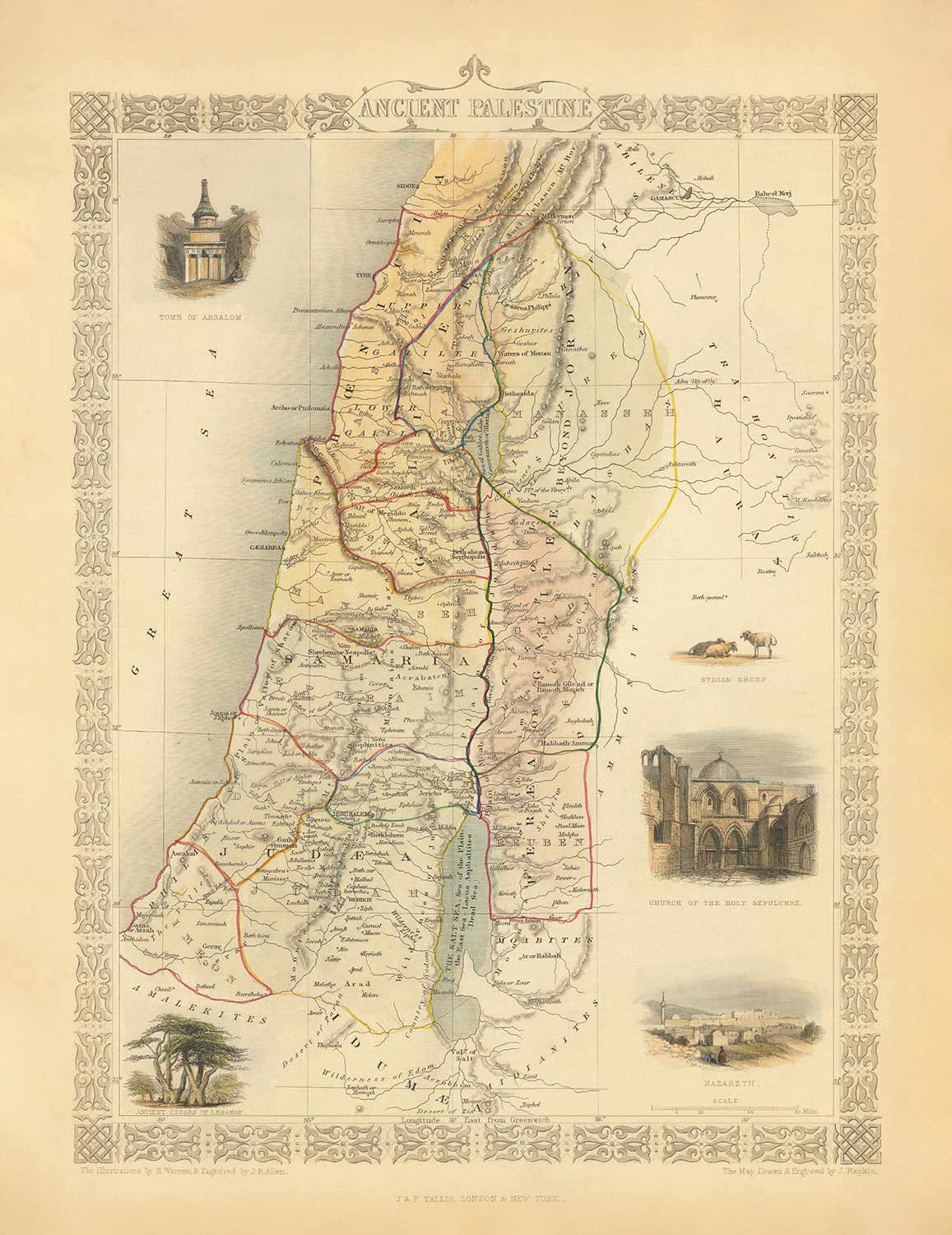 Mapa antiguo de la antigua Palestina en 1851 - Tierra Santa, Canaán, Jerusalén, Judea, Samaria, Galilea, Israel, Cisjordania, Gaza