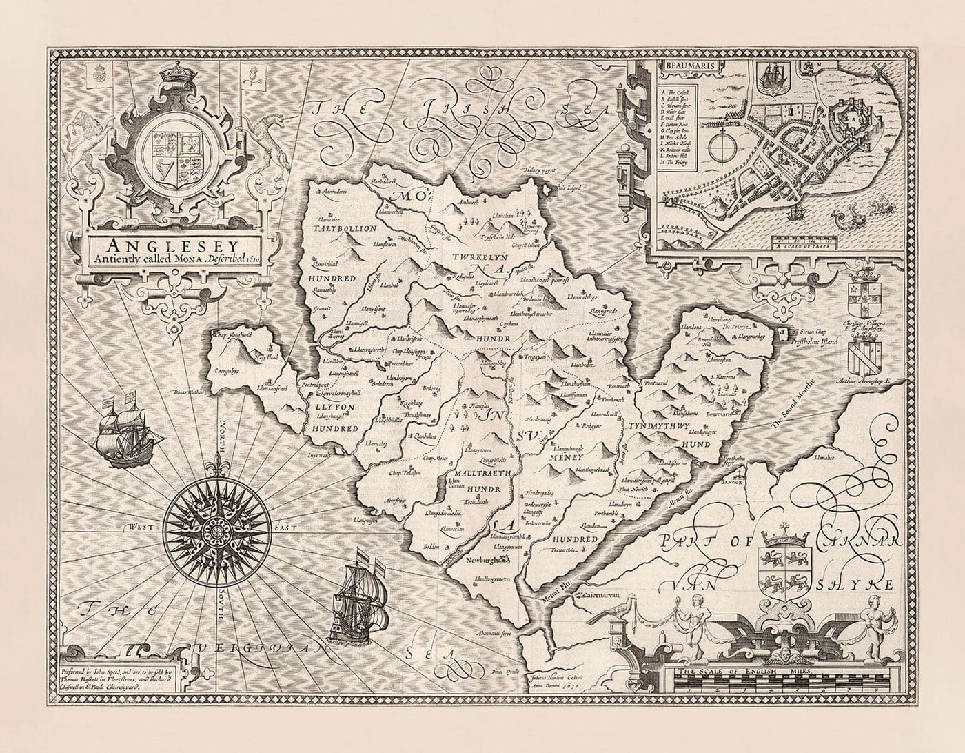 Old Monochrome Map of Anglesey, Wales, 1611 by John Speed - Holyhead, Llanfairpwllgwyngyll, Bangor