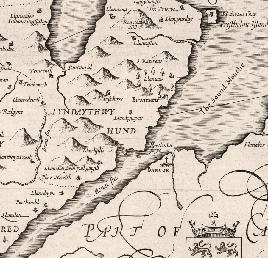 Antica mappa monocromatica di Anglesey, Galles, 1611 di John Speed - Holyhead, Llanfairpwllgwyngyll, Bangor 