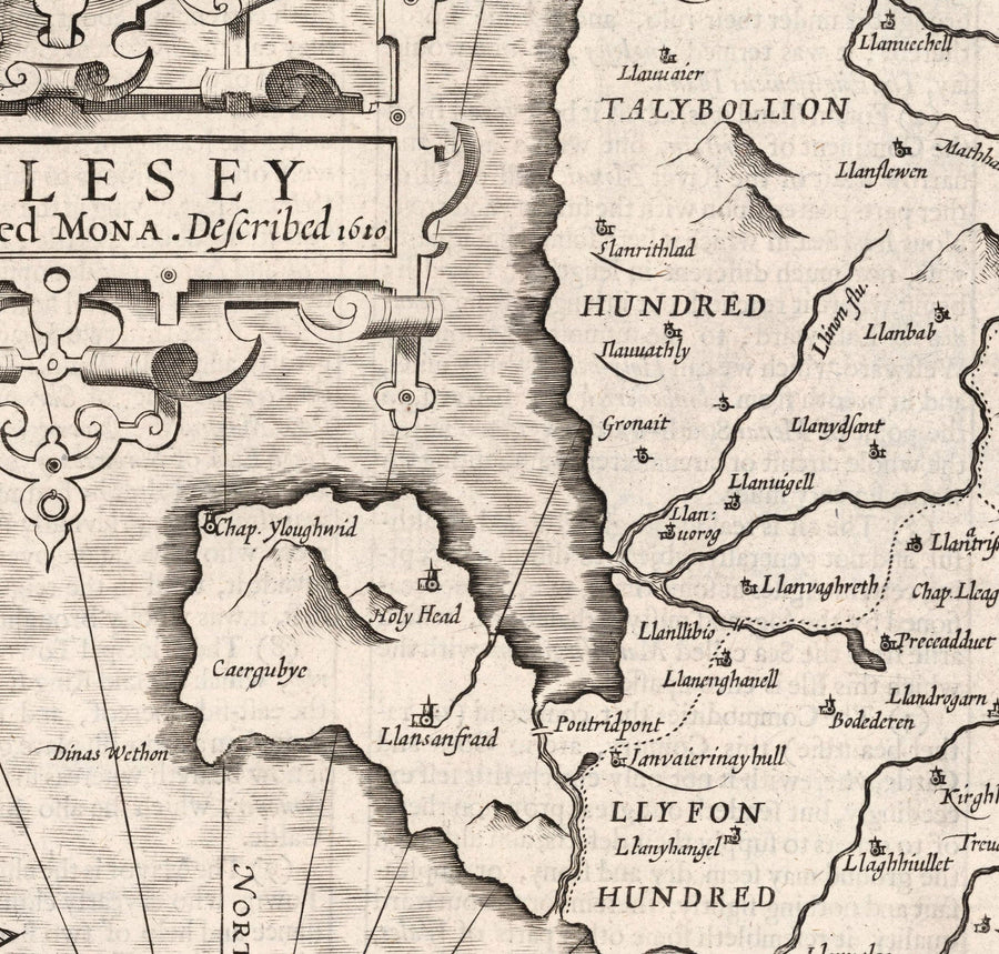 Antica mappa monocromatica di Anglesey, Galles, 1611 di John Speed - Holyhead, Llanfairpwllgwyngyll, Bangor 
