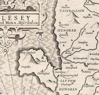 Alte monochrome Karte von Anglesey, Wales, 1611 von John Speed ​​- Holyhead, Llanfairpwllgwyngyll, Bangor