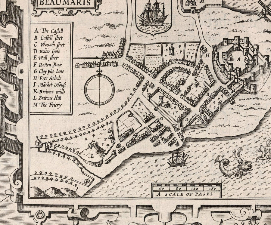 Antica mappa monocromatica di Anglesey, Galles, 1611 di John Speed - Holyhead, Llanfairpwllgwyngyll, Bangor 