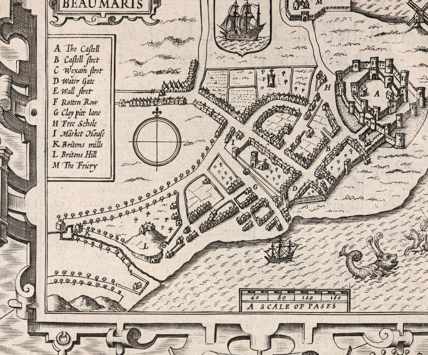 Old Monochrome Carte of Anglesey, Pays de Galles, 1611 par John Speed ​​- Holyhead, Llanfairpwllgwyngyll, Bangor