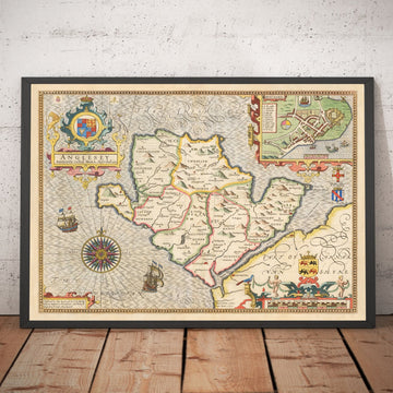Alte Karte von Anglesey Wales, 1611 von John Speed - Holyhead, Llanfairpwllgwyngyll, Bangor 