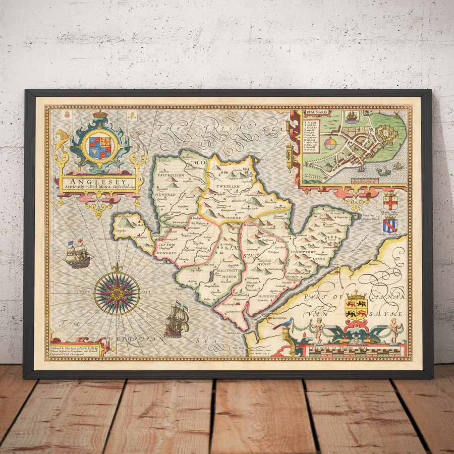 Mappa antica di Anglesey Galles, 1611 di John Speed - Holyhead, Llanfairpwllgwyngyll, Bangor 
