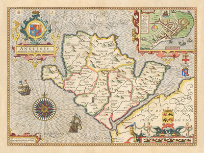 Alte Karte von Anglesey Wales, 1611 von John Speed ​​- Holyhead, Llanfairpwllgwyngyll, Bangor