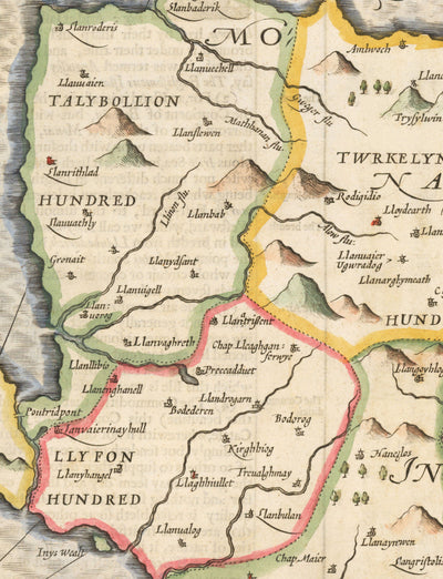 Viejo mapa de Anglesey Wales, 1611 de John Speed ​​- Holyhead, Llanfairpwllgwyngyll, Bangor