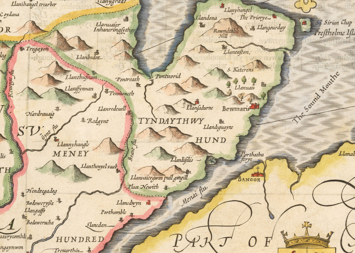Viejo mapa de Anglesey Wales, 1611 de John Speed ​​- Holyhead, Llanfairpwllgwyngyll, Bangor