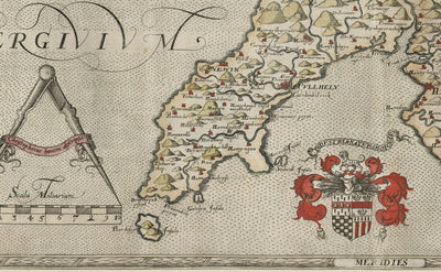 Erste Karte von Anglesey & Gwynedd, 1577 - Alte Karte von Christopher Saxton - Bangor, Holyhead, Conwy, Caernarfon, Llandudno