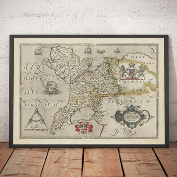 Prima mappa di Anglesey e Gwynedd, 1577 - Mappa antica di Christopher Saxton - Bangor, Holyhead, Conwy, Caernarfon, Llandudno 