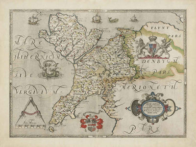 Primer mapa de Anglesey y Gwynedd, 1577 - Mapa antiguo de Christopher Saxton - Bangor, Holyhead, Conwy, Caernarfon, Llandudno