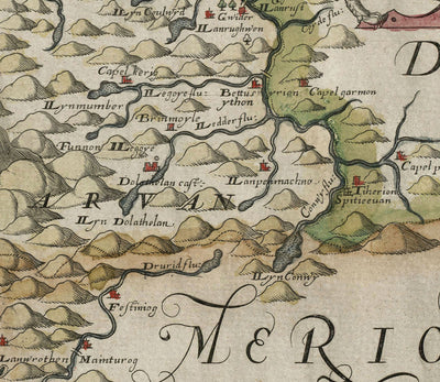 Primer mapa de Anglesey y Gwynedd, 1577 - Mapa antiguo de Christopher Saxton - Bangor, Holyhead, Conwy, Caernarfon, Llandudno