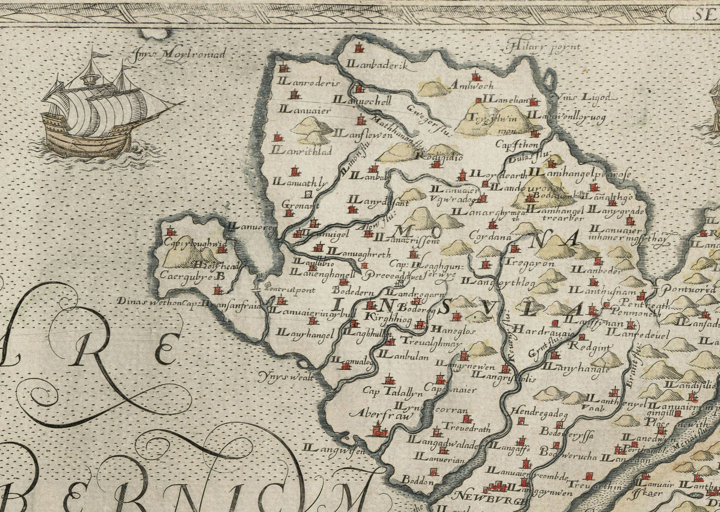Première carte d'Anglesey et de Gwynedd, 1577 - Ancienne carte de Christopher Saxton - Bangor, Holyhead, Conwy, Caernarfon, Llandudno