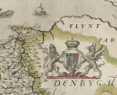 Première carte d'Anglesey et de Gwynedd, 1577 - Ancienne carte de Christopher Saxton - Bangor, Holyhead, Conwy, Caernarfon, Llandudno
