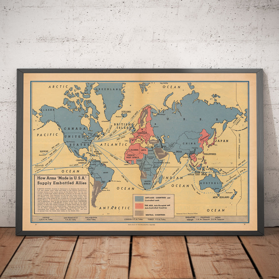 Armas aliadas "Made in the USA", 1942 - Antiguo mapa de propaganda de la Segunda Guerra Mundial