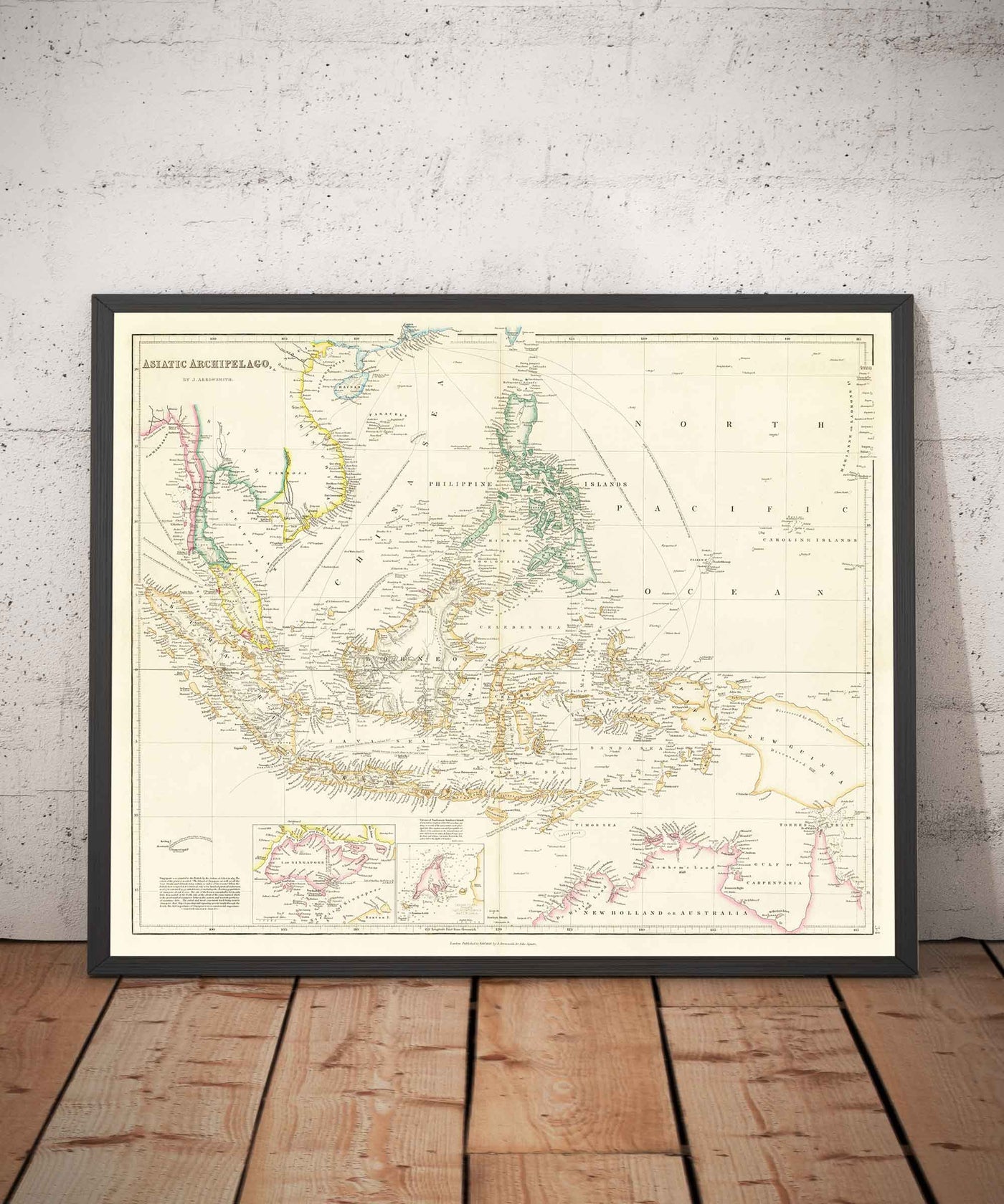 Ancienne carte de l'archipel malais et des Indes orientales par Arrowsmith, 1859 - Asie du Sud-Est, Philippines, îles, détroits, Singapour