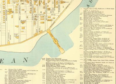 Ancienne carte d'Atlantic City, New Jersey, en 1891 par AY Lee - Boardwalk, Pacific, Baltic, Atlantic, Delaware Avenue