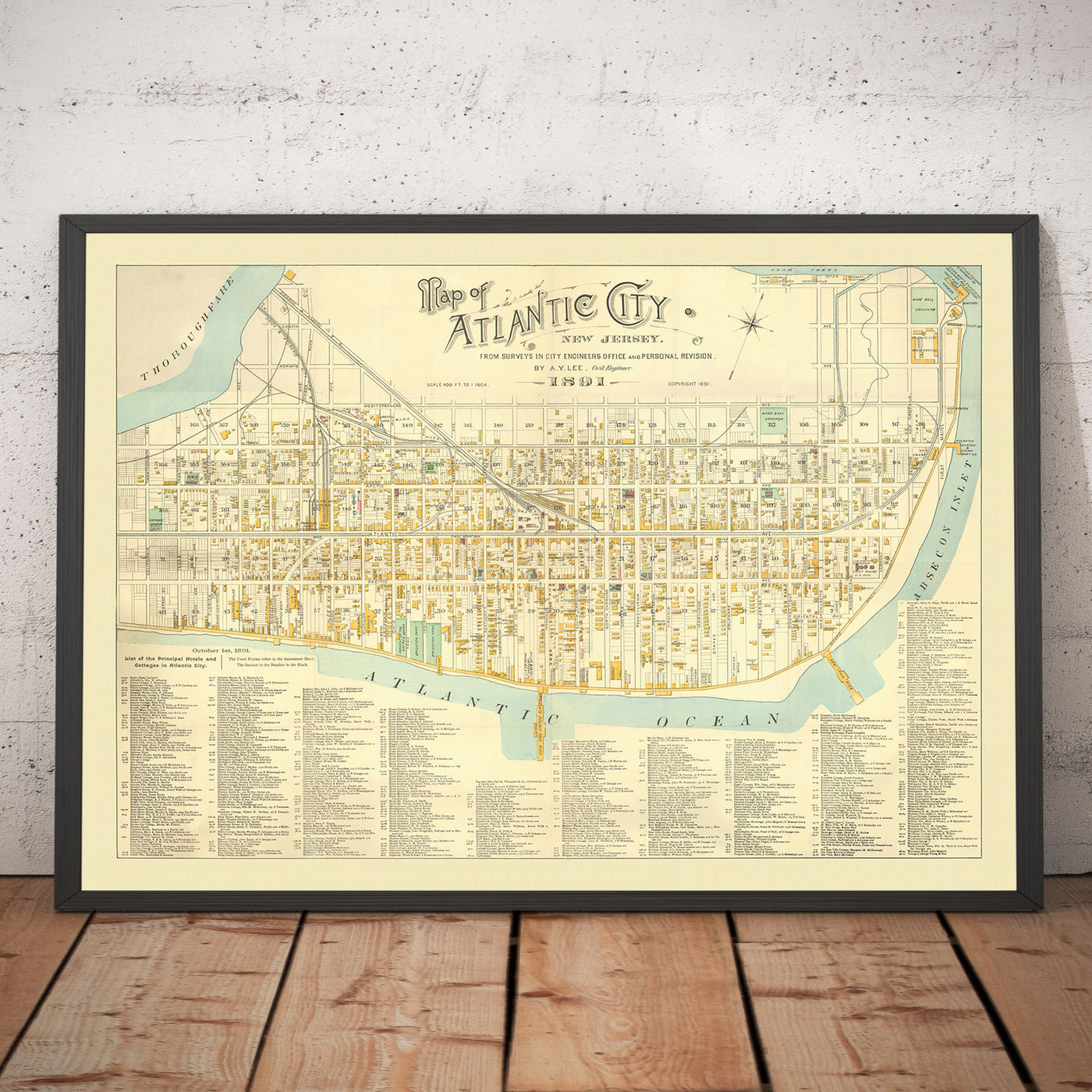 Alte Karte von Atlantic City, New Jersey, im Jahr 1891 von AY Lee - Boardwalk, Pacific, Baltic, Atlantic, Delaware Avenue
