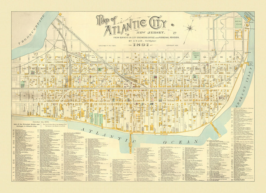 Mappa antica di Atlantic City, New Jersey, nel 1891 di AY Lee - Boardwalk, Pacific, Baltic, Atlantic, Delaware Avenue 