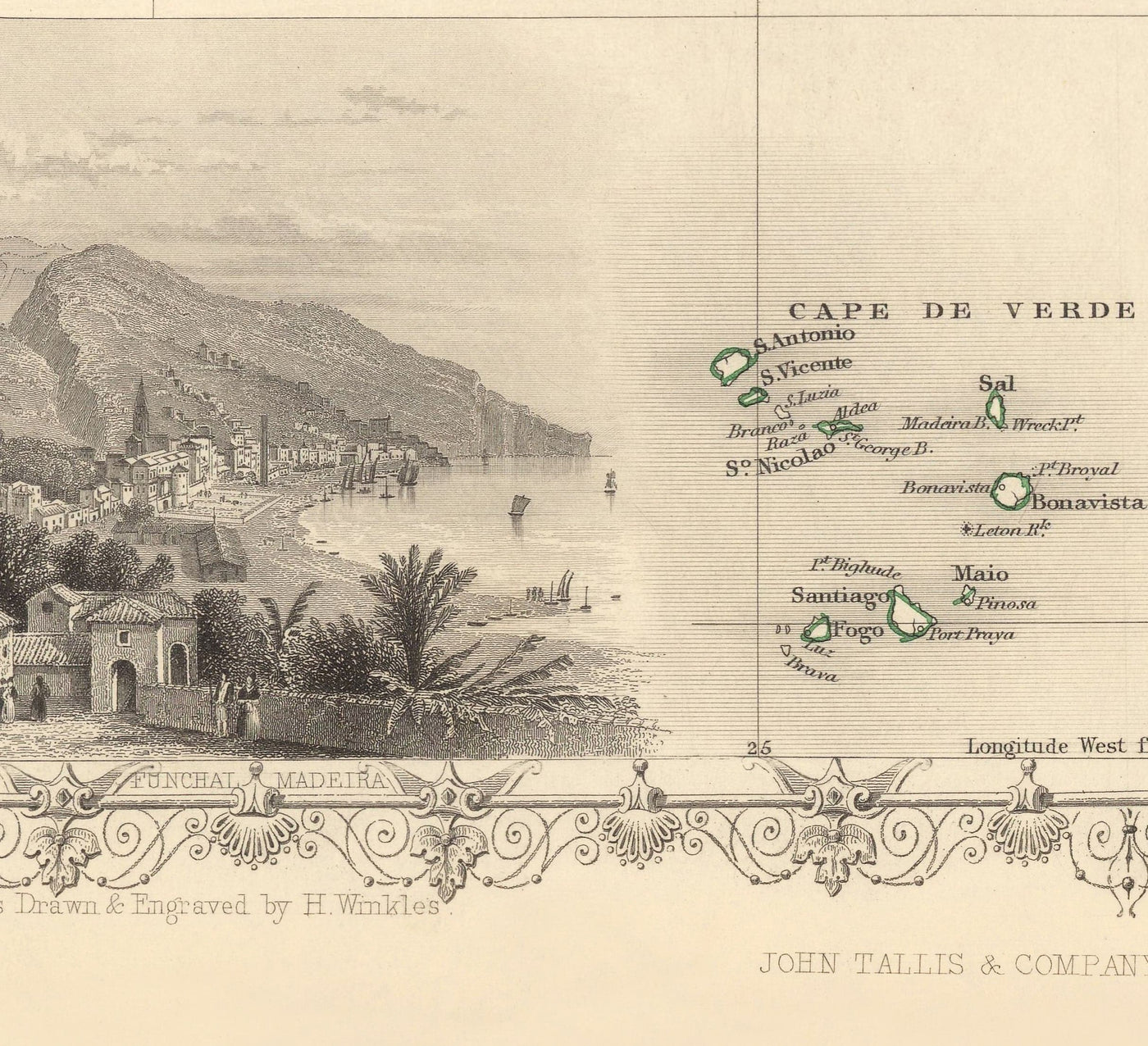 Antiguo mapa de las islas del Atlántico, 1851 por Tallis & Rapkin - Bermudas, Azores, Canarias, Tenerife, Madeira, Cabo Verde