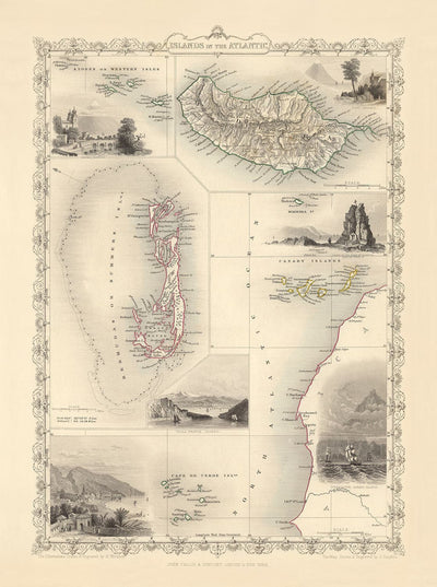 Alte Karte der Atlantischen Inseln, 1851 von Tallis & Rapkin - Bermuda, Azoren, Kanaren, Teneriffa, Madeira, Kap Verde