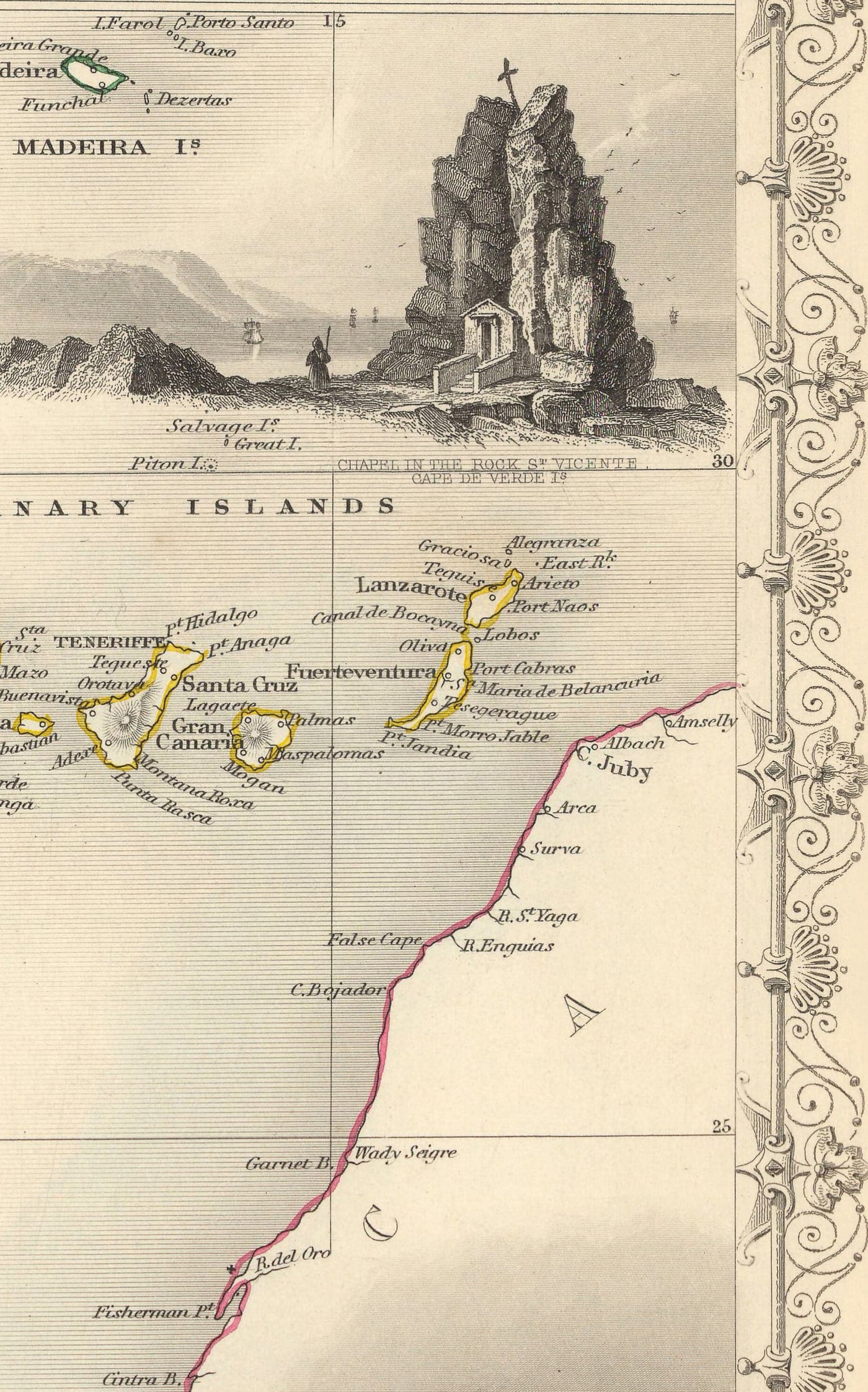 Carte ancienne des îles de l'Atlantique, 1851 par Tallis & Rapkin - Bermudes, Açores, Canaries, Ténériffe, Madère, Cap-Vert