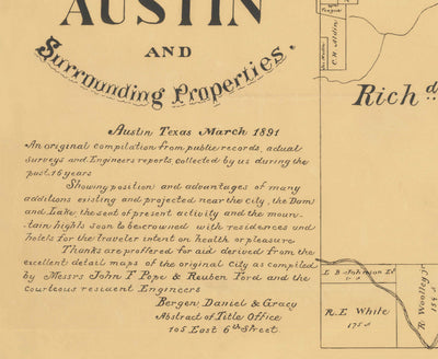 Rare ancienne carte d'Austin, Texas en 1891 - Plan de la ville très tôt de la ville, État Capitole, Railroad, UT Austin, Dam Austin