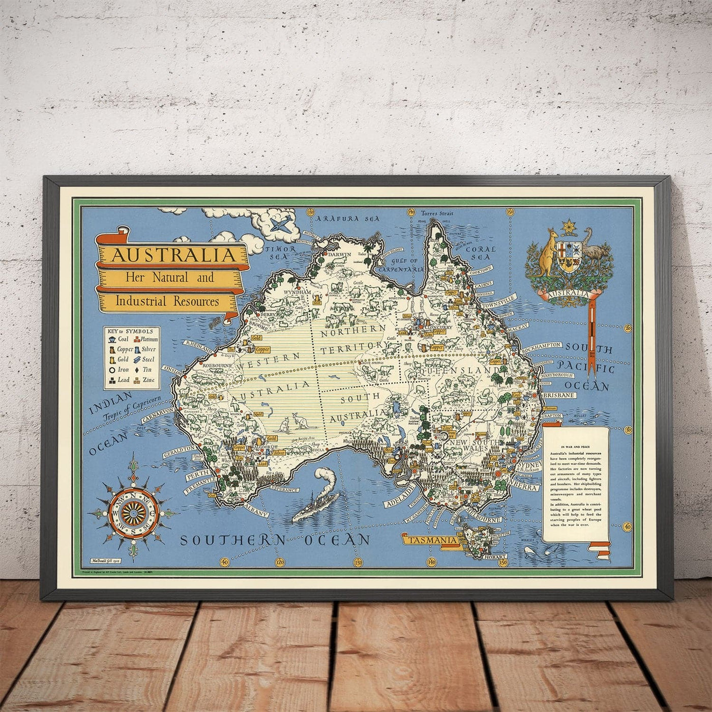 Alte Karte von Australien, 1942 von Max Gill - Karte der natürlichen und industriellen Ressourcen aus dem 2.