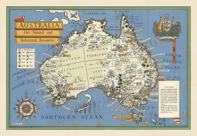 Ancienne carte de l'Australie, 1942 par Max Gill - Carte des ressources naturelles et industrielles de la Seconde Guerre mondiale