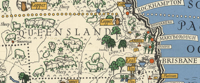 Alte Karte von Australien, 1942 von Max Gill - Karte der natürlichen und industriellen Ressourcen aus dem 2.