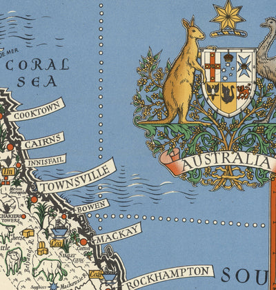 Ancienne carte de l'Australie, 1942 par Max Gill - Carte des ressources naturelles et industrielles de la Seconde Guerre mondiale