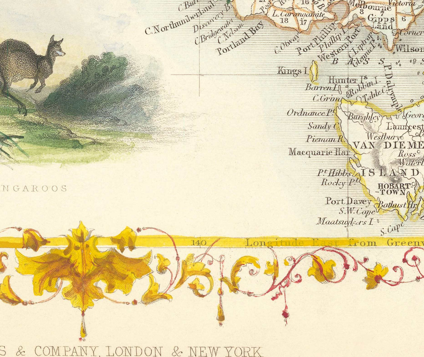 Antiguo mapa de Australia y Tasmania, 1851, por Tallis & Rapkin - Sydney, Melbourne, Perth